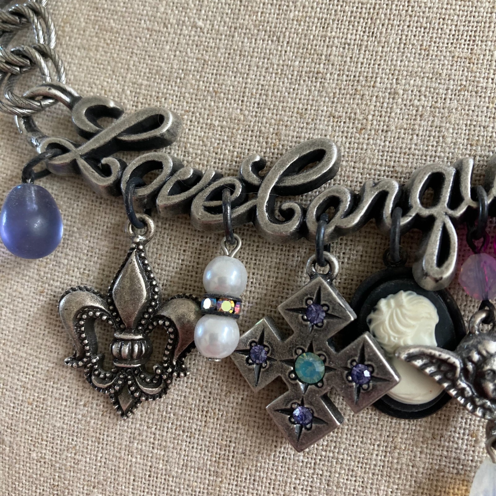 Love Conquers All Beaded Charm Necklace Silvertone 15″ with 3.75″ Extender
