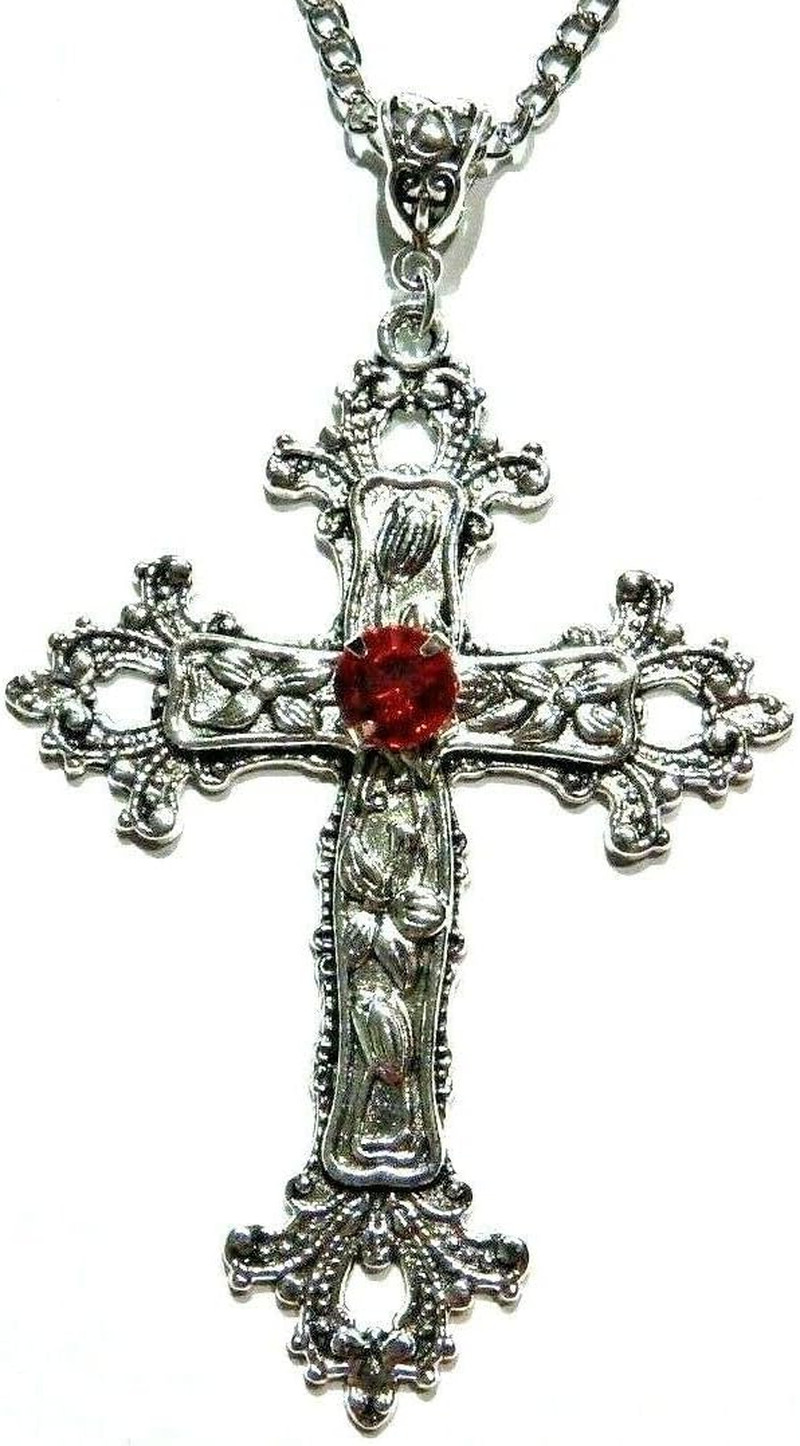 Large Gothic Cross Necklace Silver-Tone Pendant with Glass Stone, on 24″ Steel C