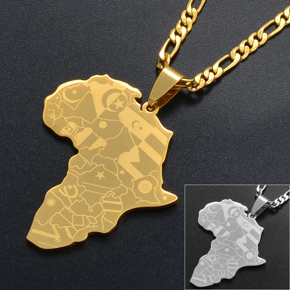 Africa Continent Map African Country Pendant Necklace Chain Gold Afro Women Men