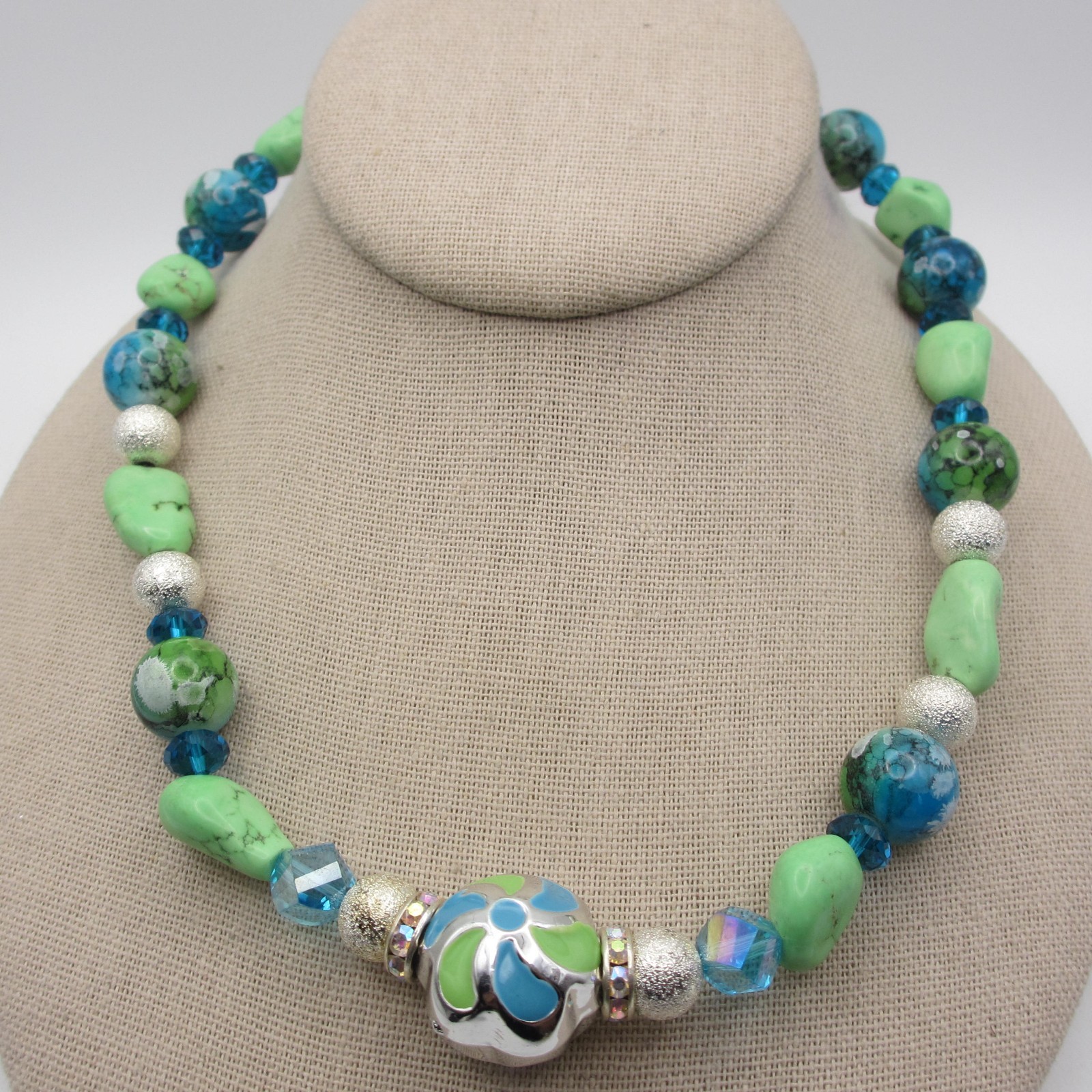 Beaded Necklace Mixed Materials Stone Glass Metal Enamel 17 Inch