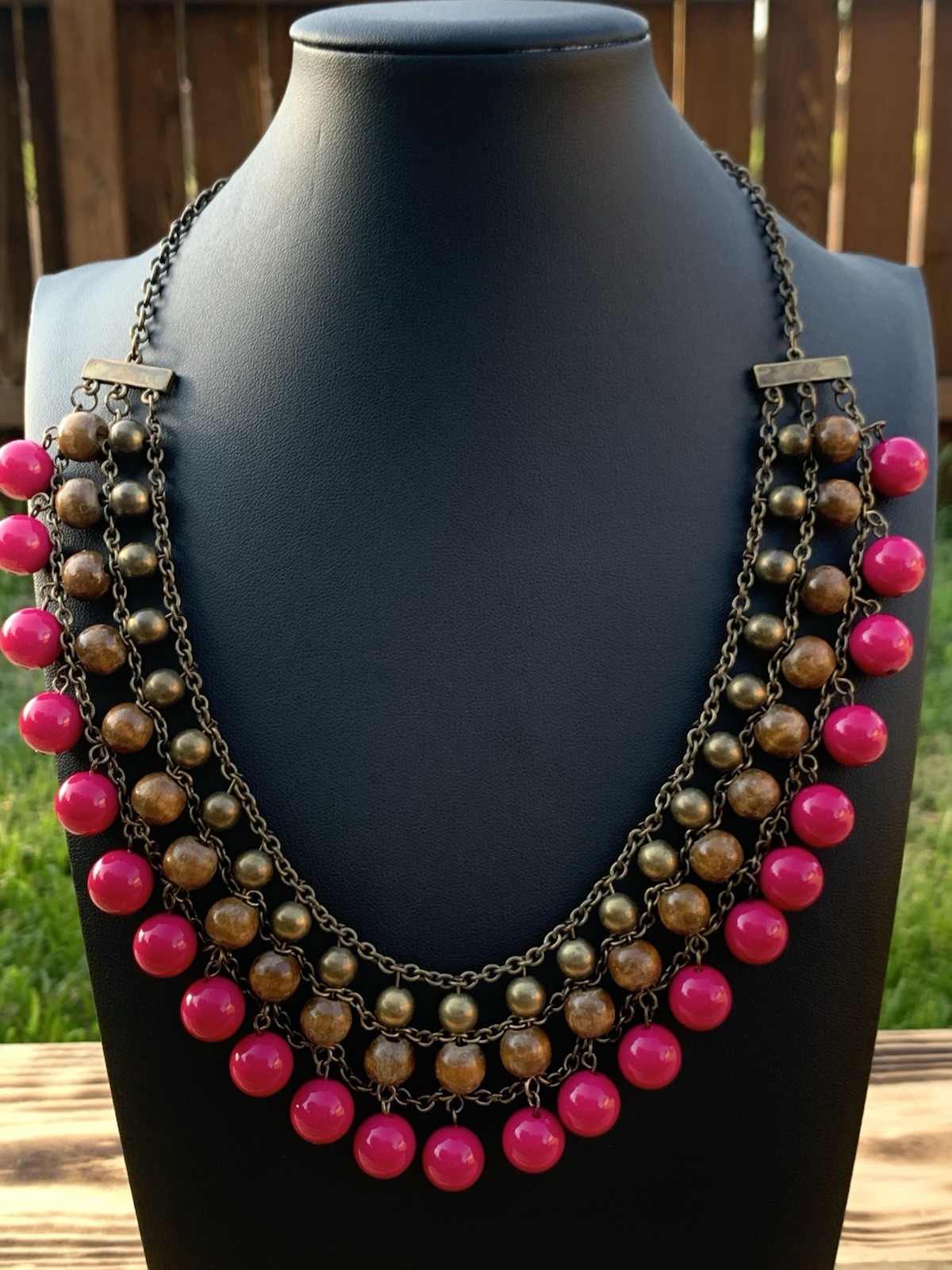 Boho Style Necklace Pink Beads with Wood and Brass No Brand