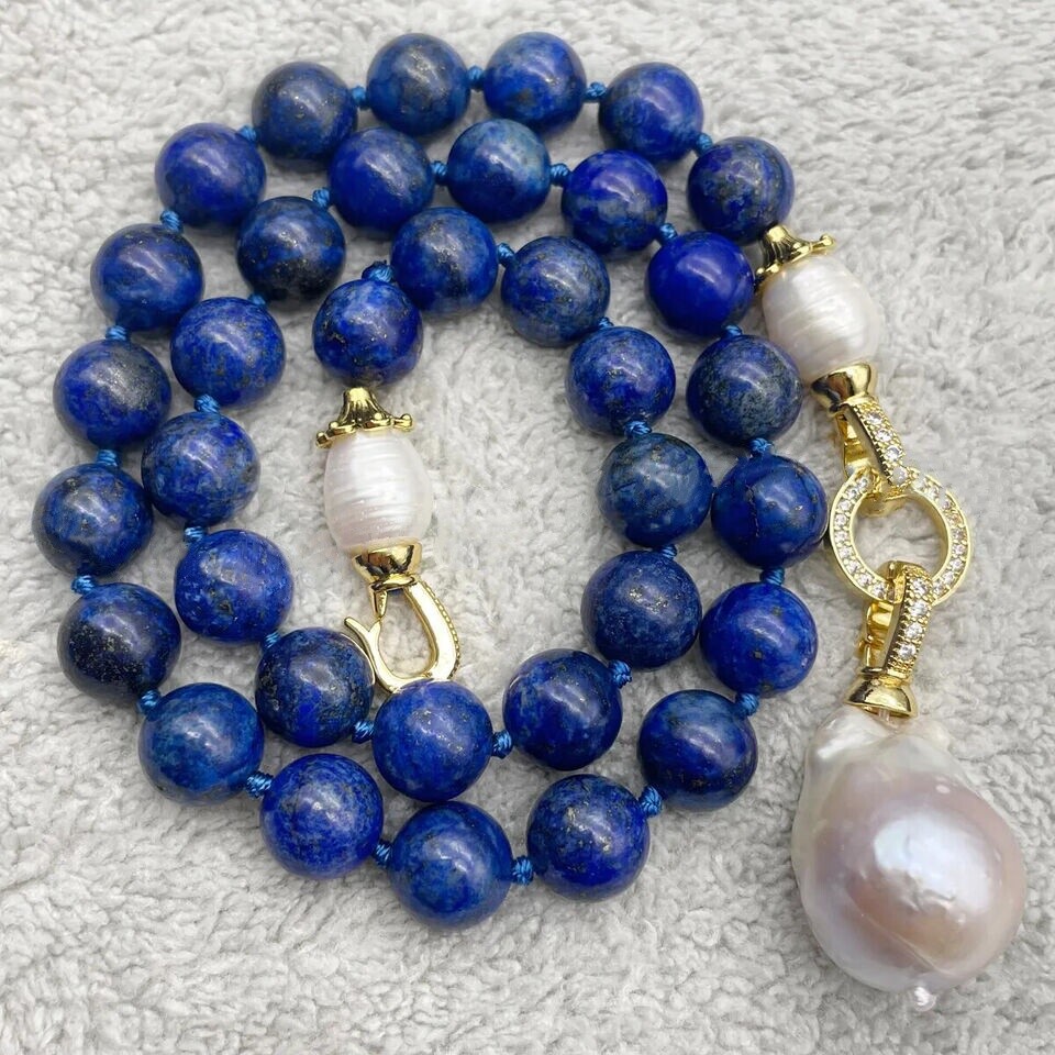 Blue Lapis Lazuli Natural White Keshi Baroque Pearl Pendant Necklace 6/8/10/12mm