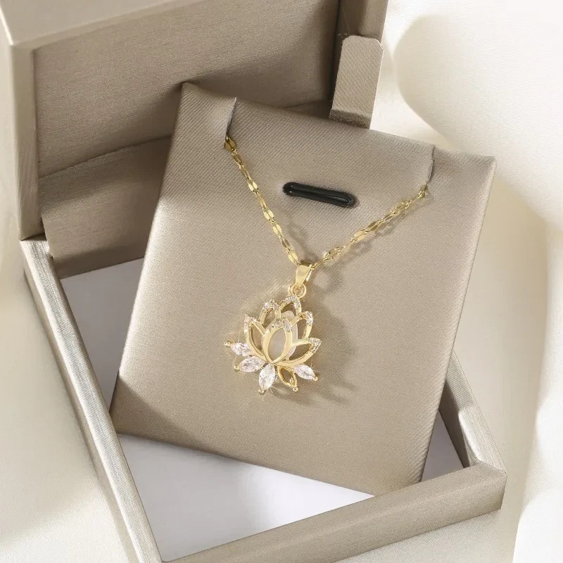 Women’s Fashion Jewelry Cubic Zircon Gold Lotus Flower Pendant Necklace USA Gift