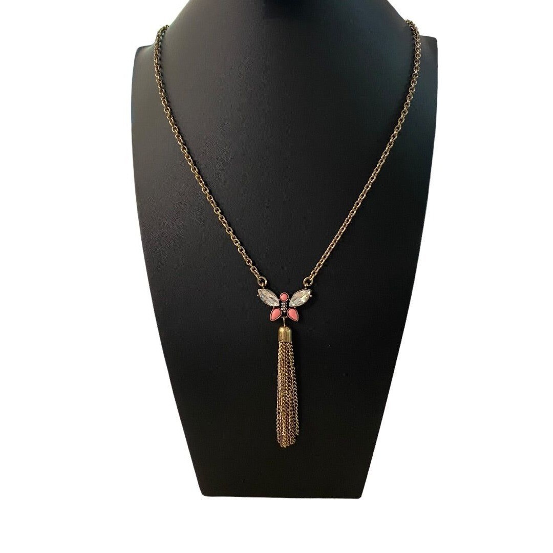 Goldtone Tassel Butterfly 31″ Necklace 3.75″ Drop Lobster Clasp