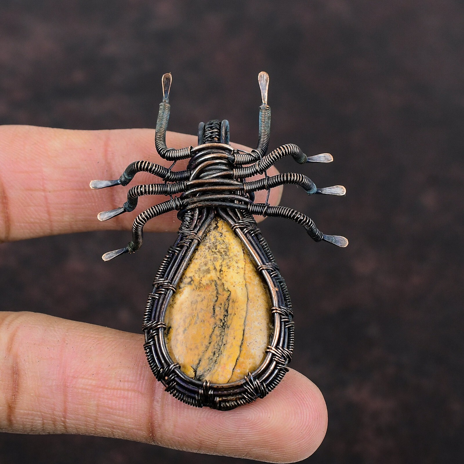 Picture Jasper Wire Wrapped Spider Pendant Handcrafted Copper Partywear 2.44″