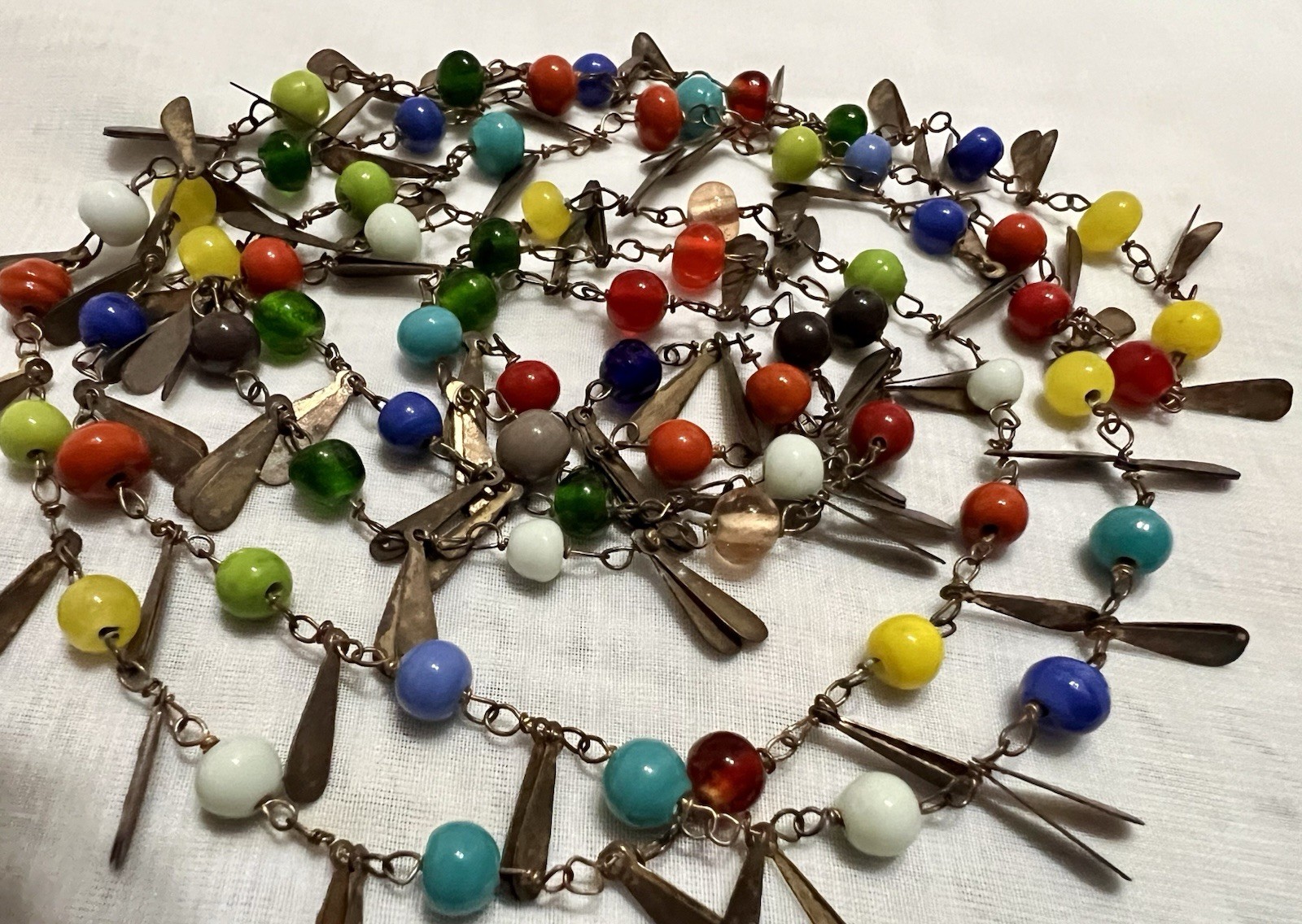 CZECH Flapper Length 54″ ART GLASS BEAD & TEARDROP METAL TAG Necklace VINTAGE