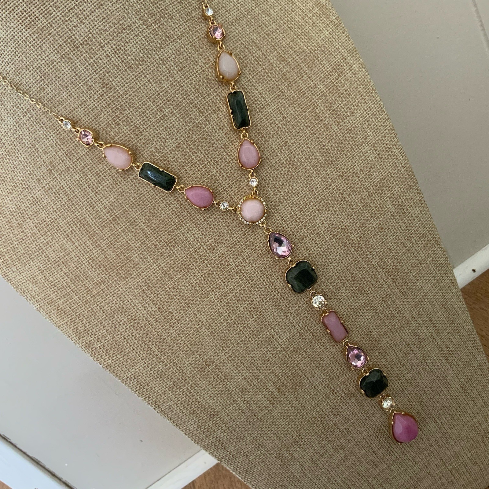 WHBM Pink Gray Gold Y Necklace Statement Drop Mixed Stone Rhinestone