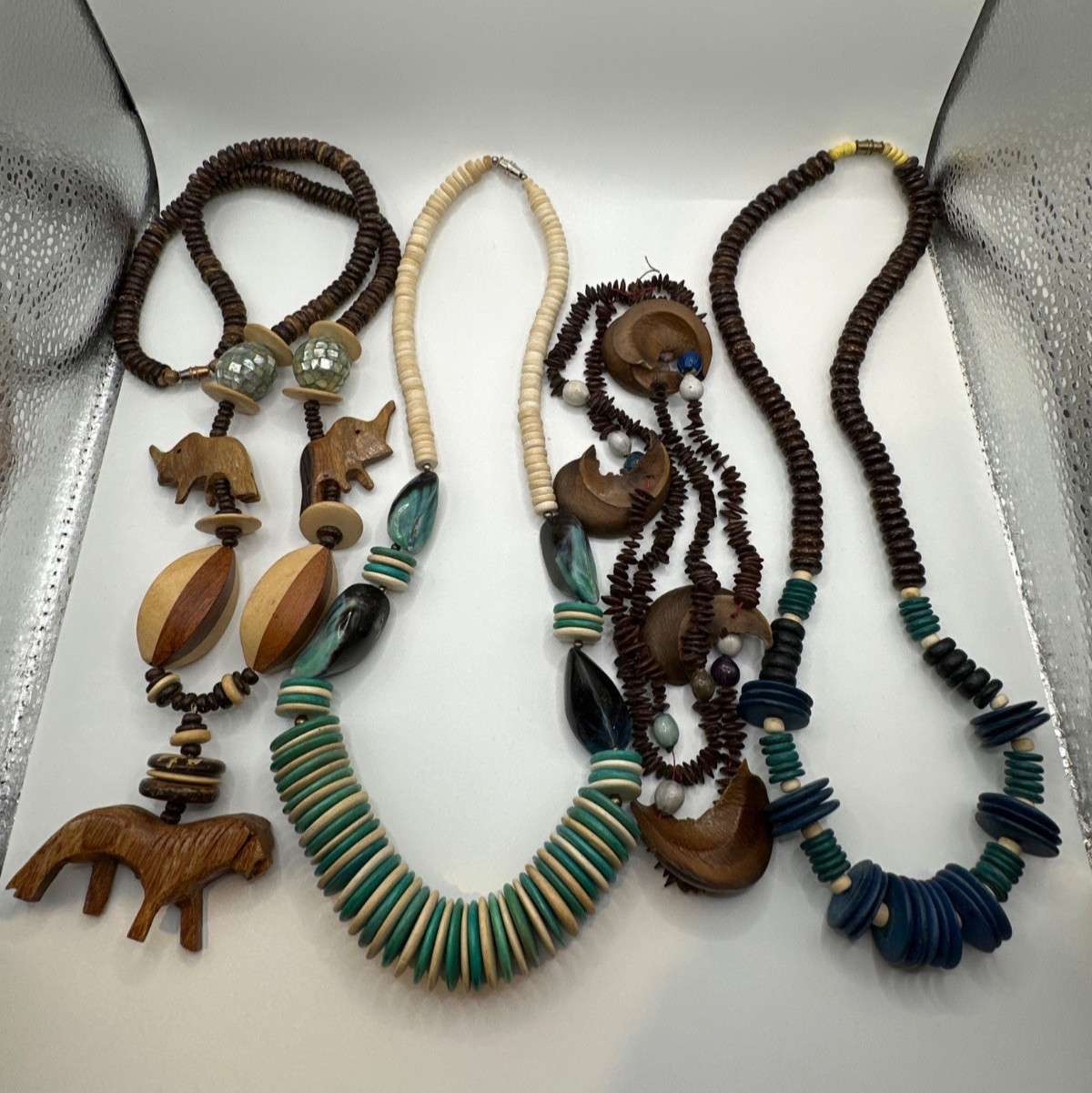 Wood Bead Necklace Lot Blue Boho Animal Lion Elephant Pendant Tribal Set of 4