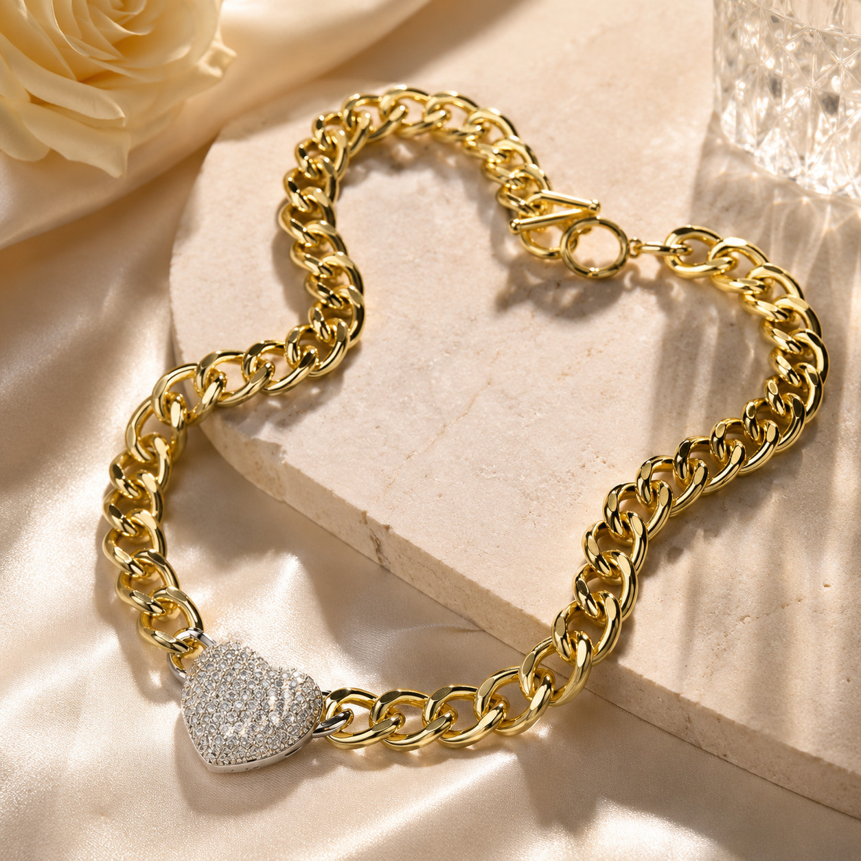 Gold CZ Pave Heart Pendant Chunky Chain Necklace Cubic Zirconia Statement 17.5″