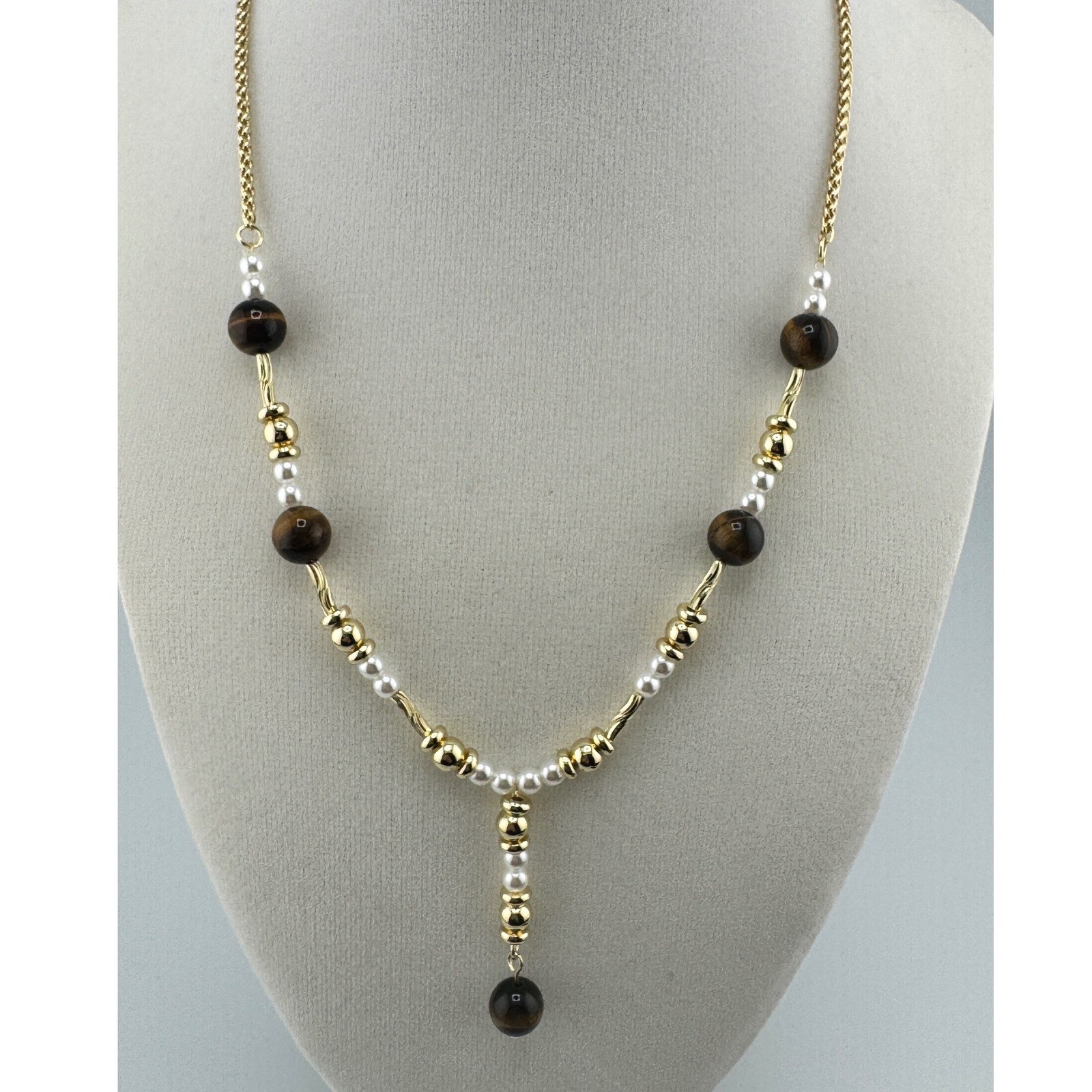 Gold Tone Tiger Eye and Faux Pearl Y-Drop Necklace Brown White Beaded Adjustable