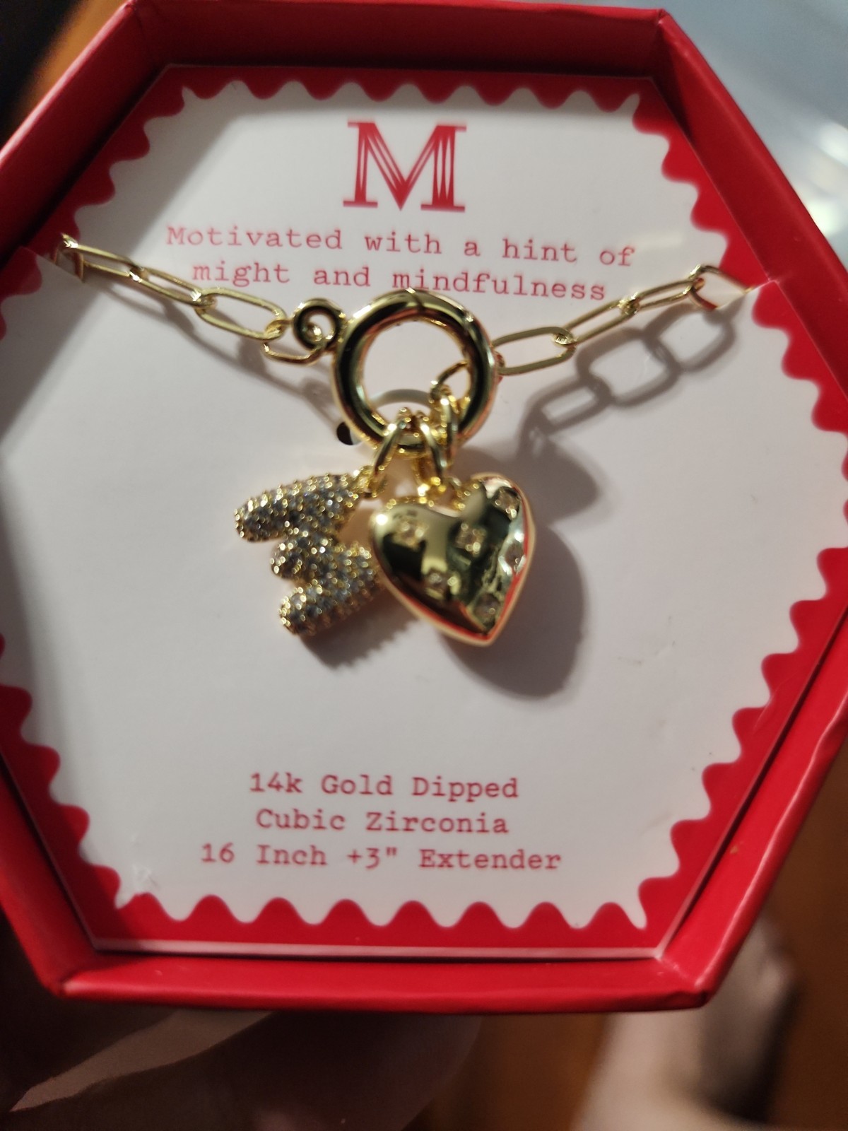 A New Day 14k Gold Dipped Initial M Heart Necklace Cubic Zirconia NIB 16-19in