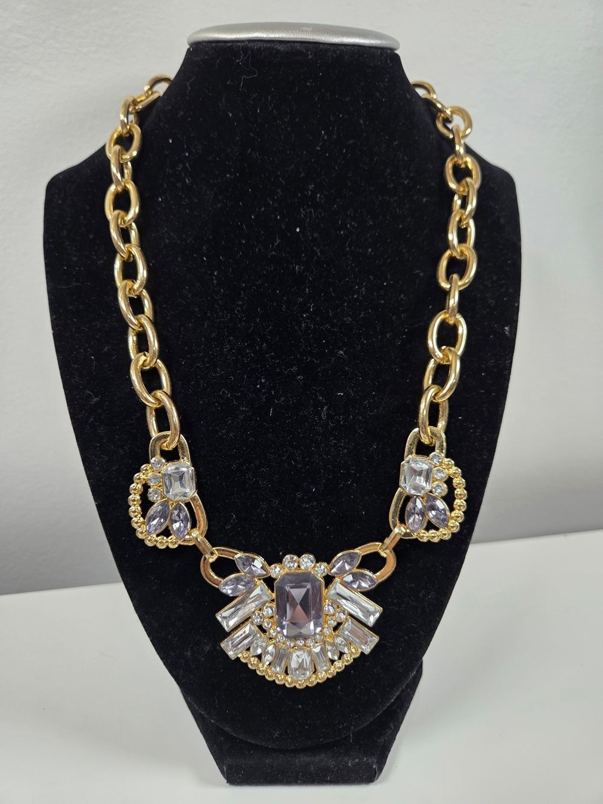 Vintage Style Gold Tone Statement Necklace Lavender & Clear Rhinestone Art Deco