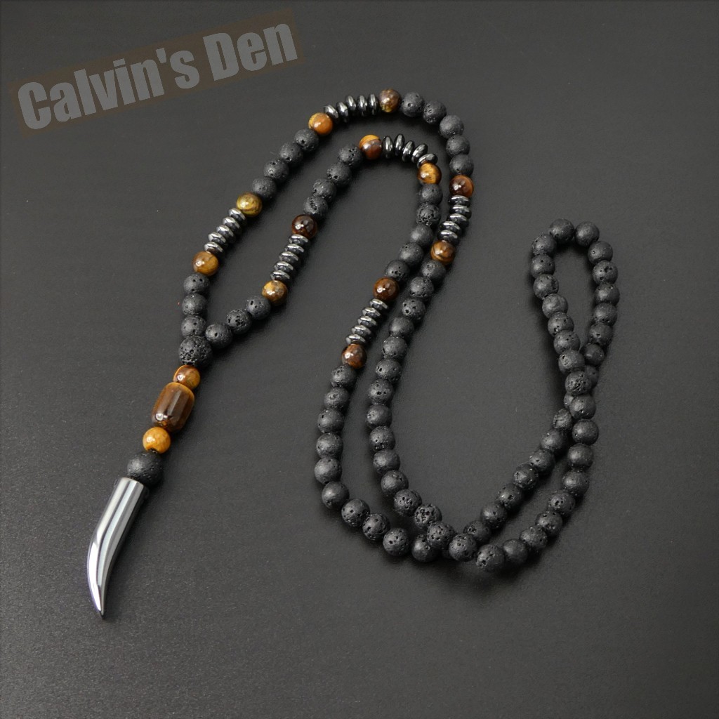 Lava Stone Tiger Eye Black Hematite Tooth Fang Pendant Necklace Men Gift Sleek