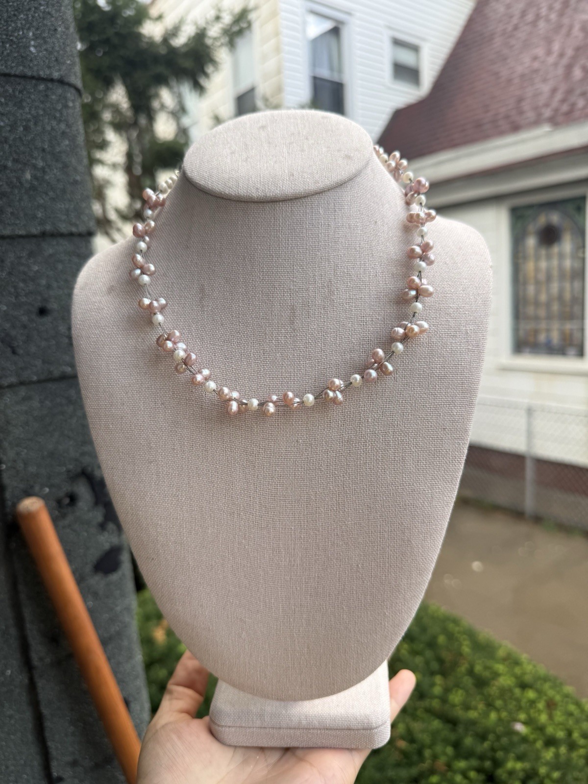 ⁠Pink FreshwaterPearl Floating Wire Choker Cluster MultiStrand Illusion Necklace