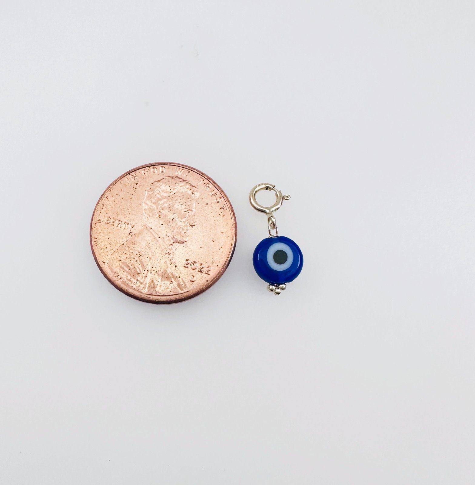 14K Solid Yellow Gold Millefiori Glass Blue Evil Eye Charm Pendant Spring Clasp