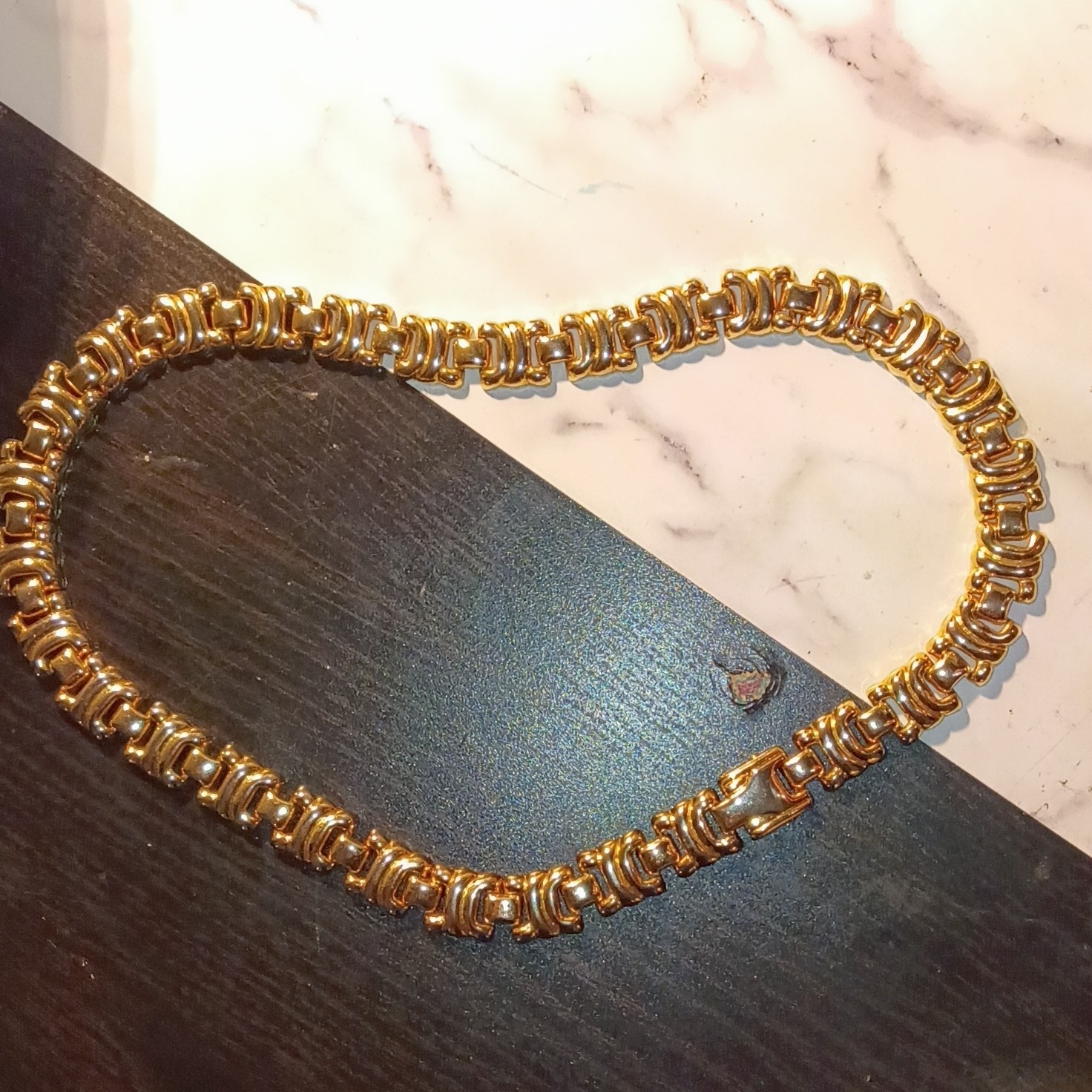 Gold Tone Metal Bar Link Chain Necklace Box Clasp No Stone Fashion & Costumes