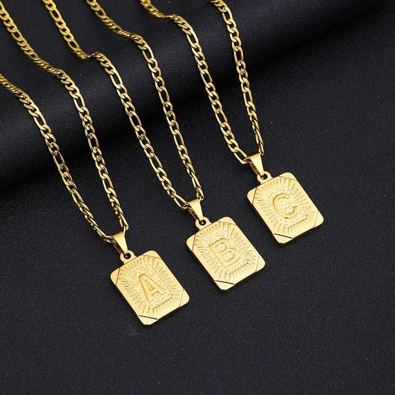 Initial Letter Pendant Necklace Stainless Steel Cuban Link Chain Alphabet Neckla