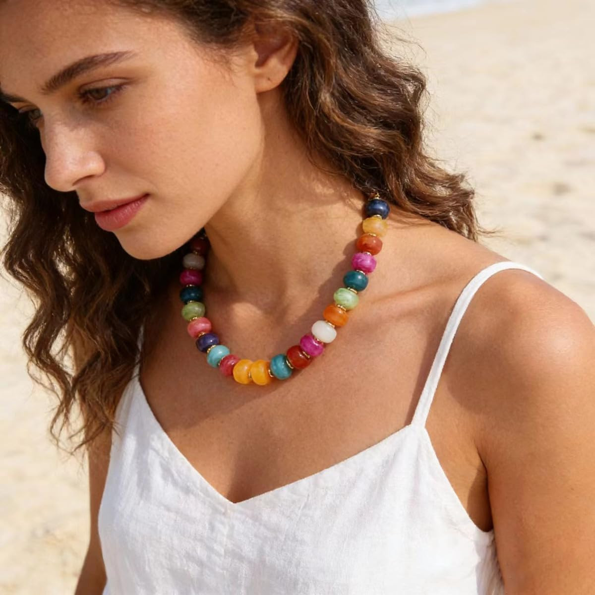 Chunky Beaded Statement Necklace for Women Trendy Colorful Boho Resin Bead Choke