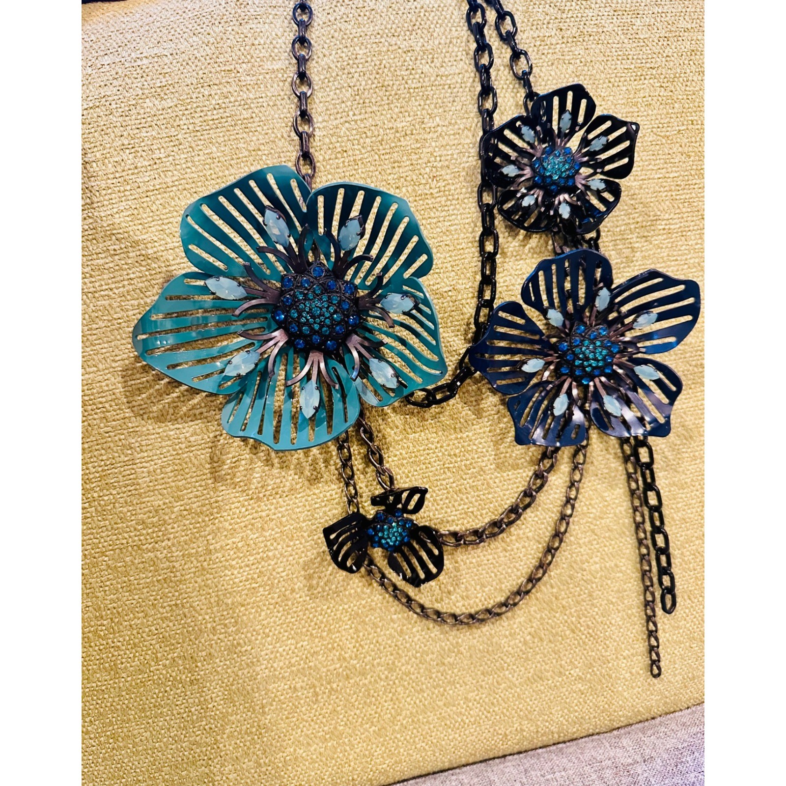 Lanvin Paris Floral Statement Necklace Teal Navy Crystal Embellished France