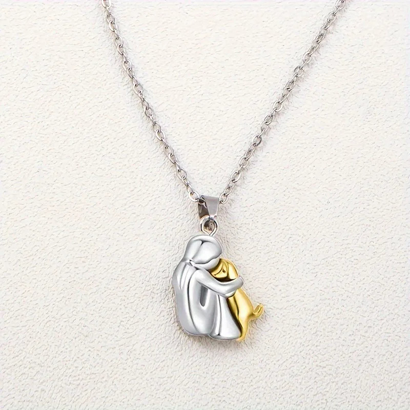 Pet Lover Necklace Pendant Woman Hugging Dog Gift Zinc Alloy Chain Jewelry