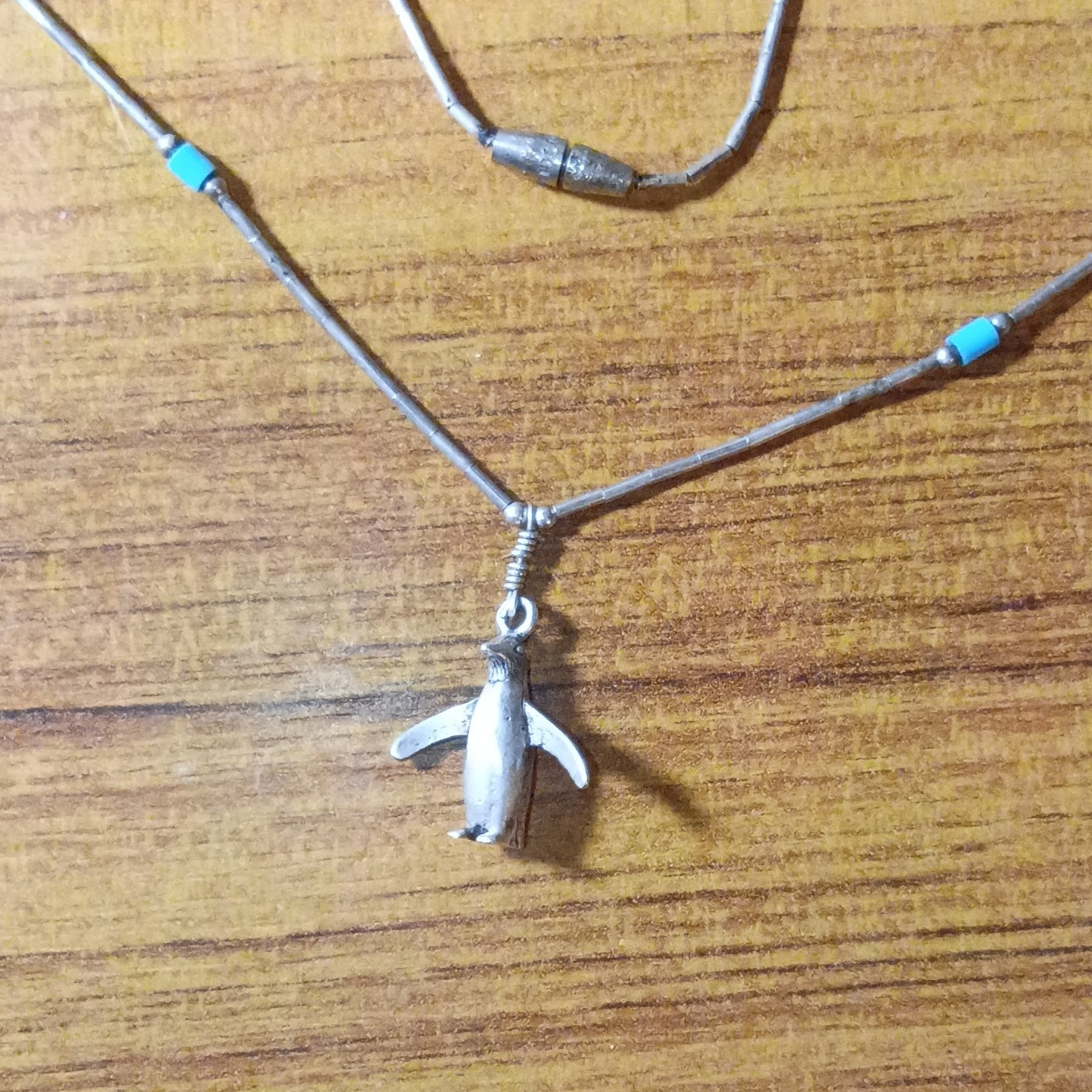 Silver 925 Liquid Chain Necklace Penguin Charm Turquoise Accents Magnetic