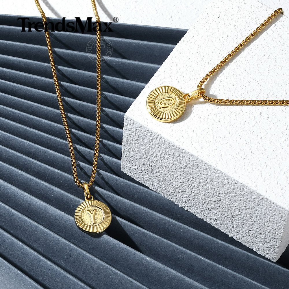 Gold Plated Letters Pendant Necklace Stainless Steel Box/Figaro/Rolo/Curb Chain