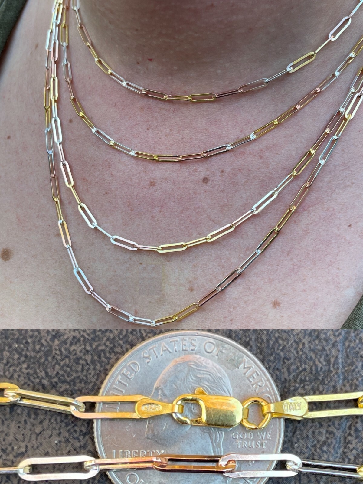 Real Paperclip Chain Necklace Tri Color Yellow Rose Gold Plated 925 Silver
