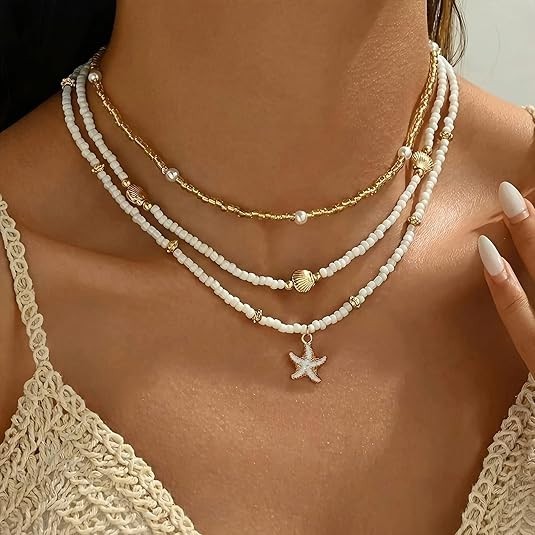 Boho Shell Starfish Layered Necklace Women Gold Plated Beach Jewelry