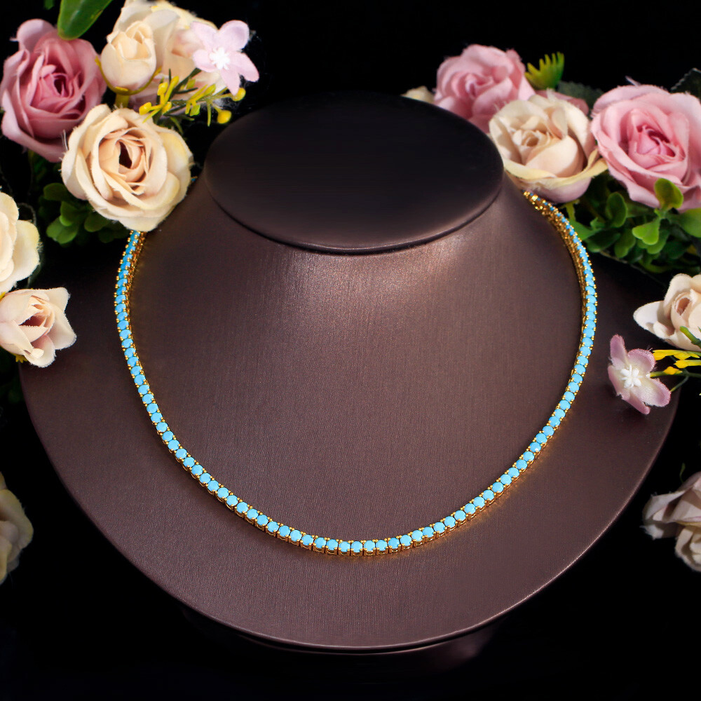 Yellow Gold Plated 3mm Round Turquoises Tennis Chain Choker Necklace for Women