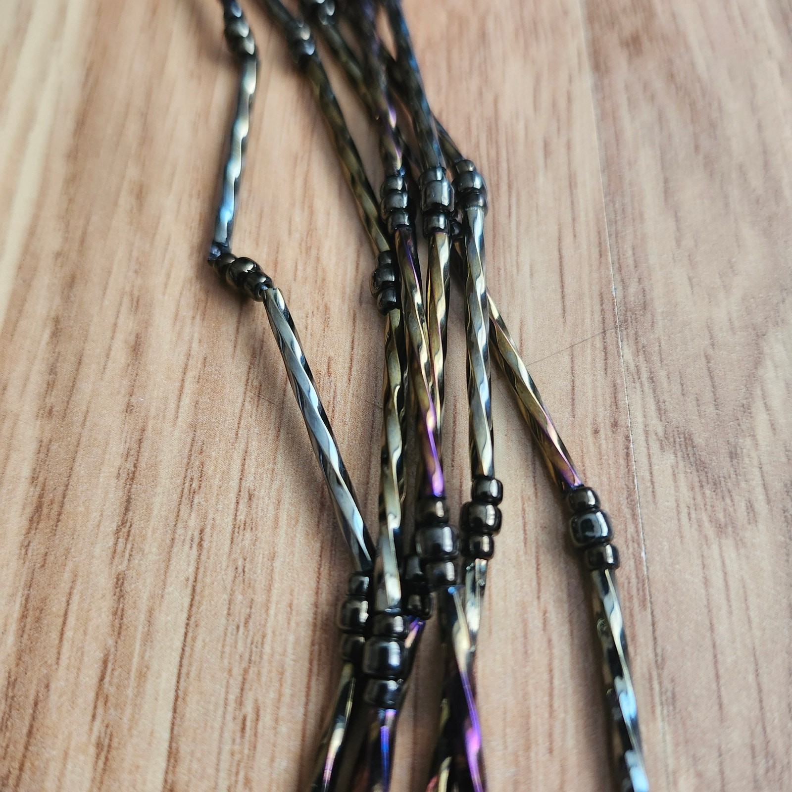 Black Iridescent Multistrand Bugle Bead Necklace 6 Strand Toggle Clasp Boho 27in