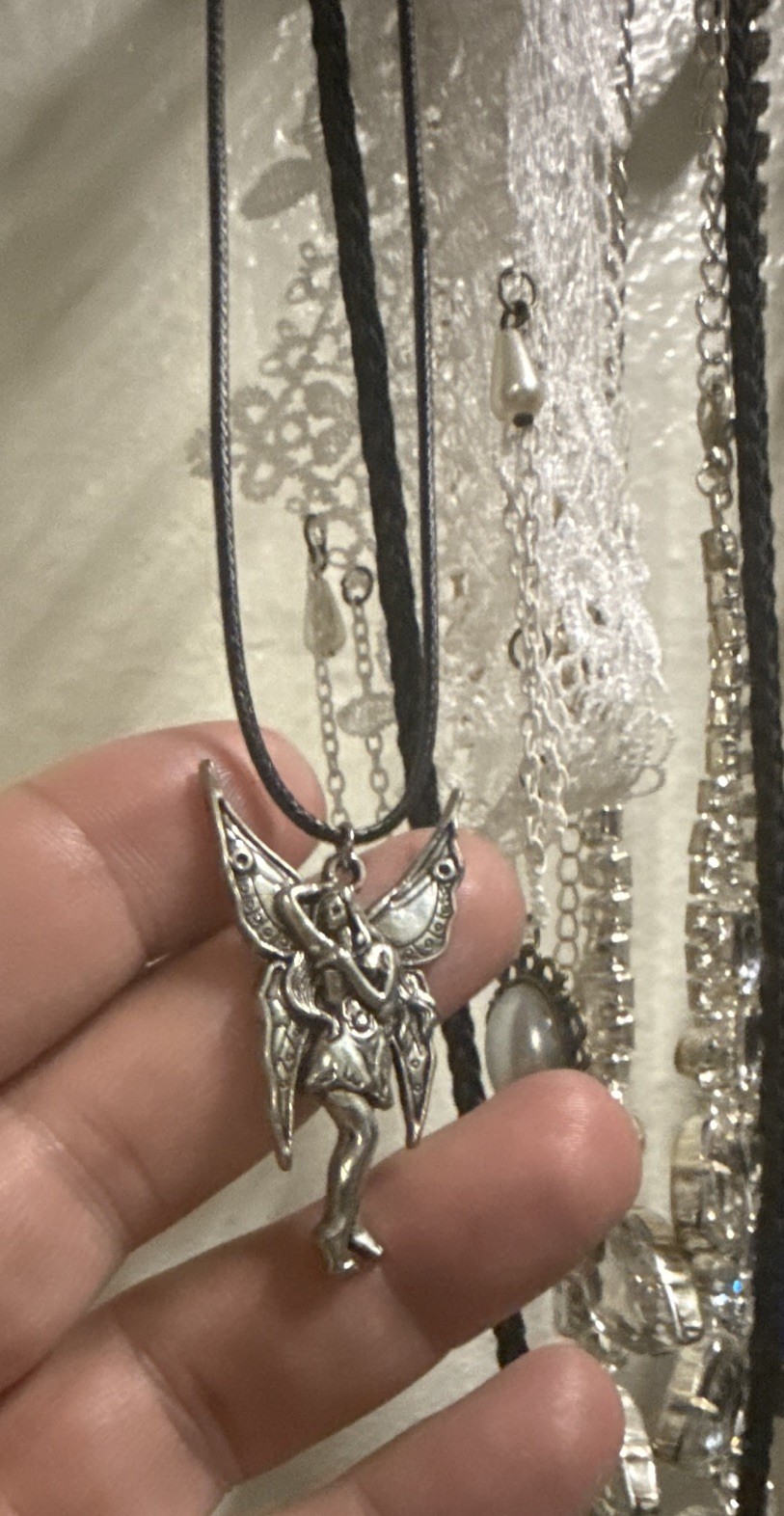 Silver-Tone Angel/Fairy Charm Pendant Necklace on Black Cord, No Stone