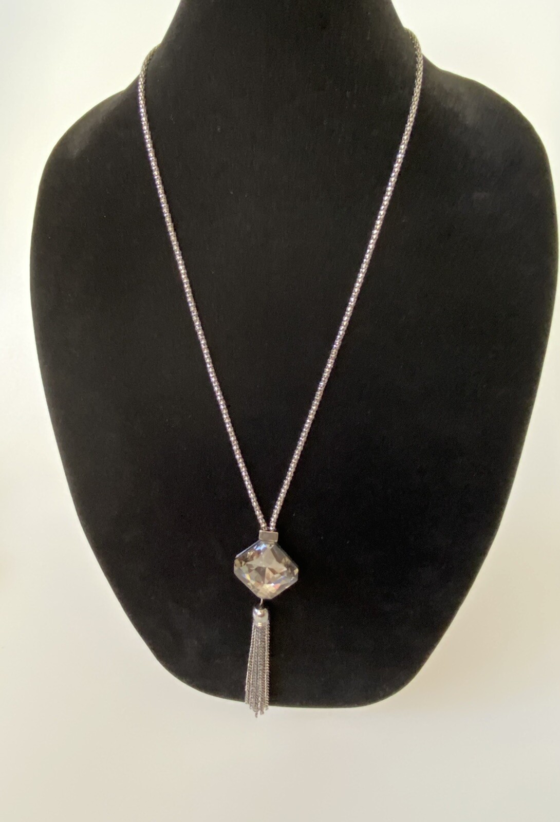 Cara N.Y. Necklace Crystal Glass Pendant Tussle 25”+ 3” Flaws