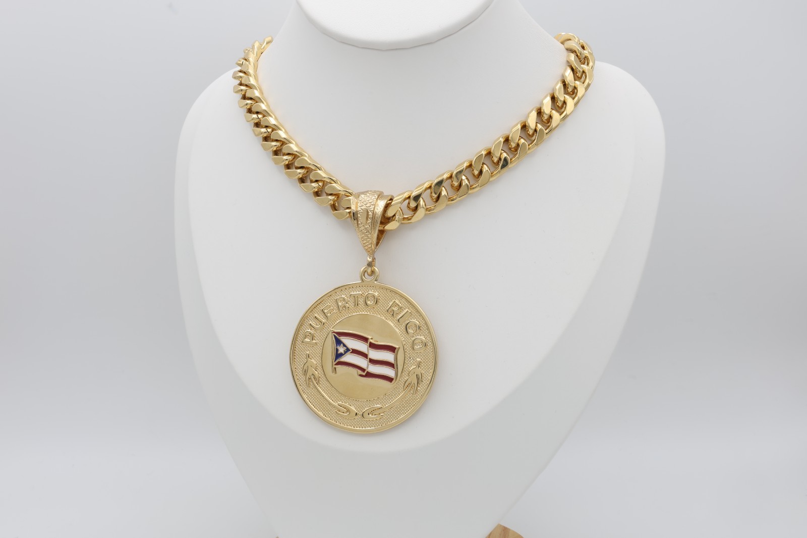 Gold Puerto Rico Flag Necklace Pendant Necklace 10mm Cuban Link Chain