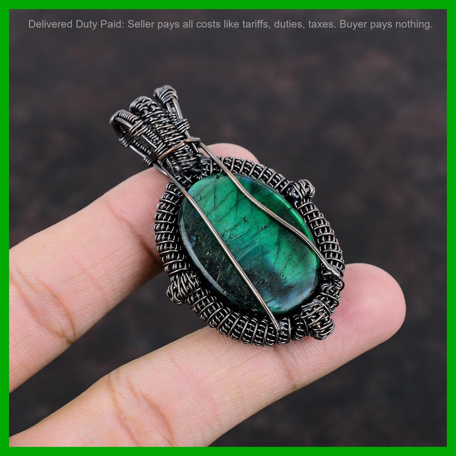 Valentines Sale Copper Natural Green Fire Labradorite Wife Wire Wrapped Pendant