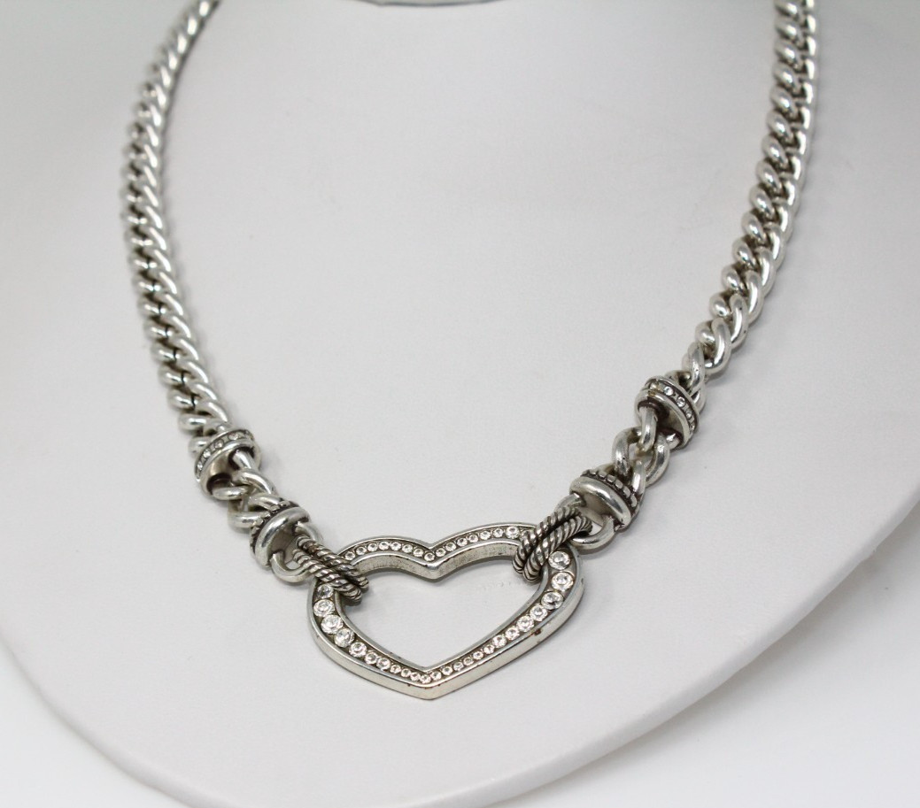 Brighton Urban Hearts Silver Crystal Retired Fold Over Clasp Pendant Necklace