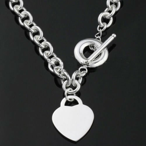925 SILVER ELECTRO PLATED 18″ HEART PENDANT CHOKER Necklace TOGGLE CLOSING