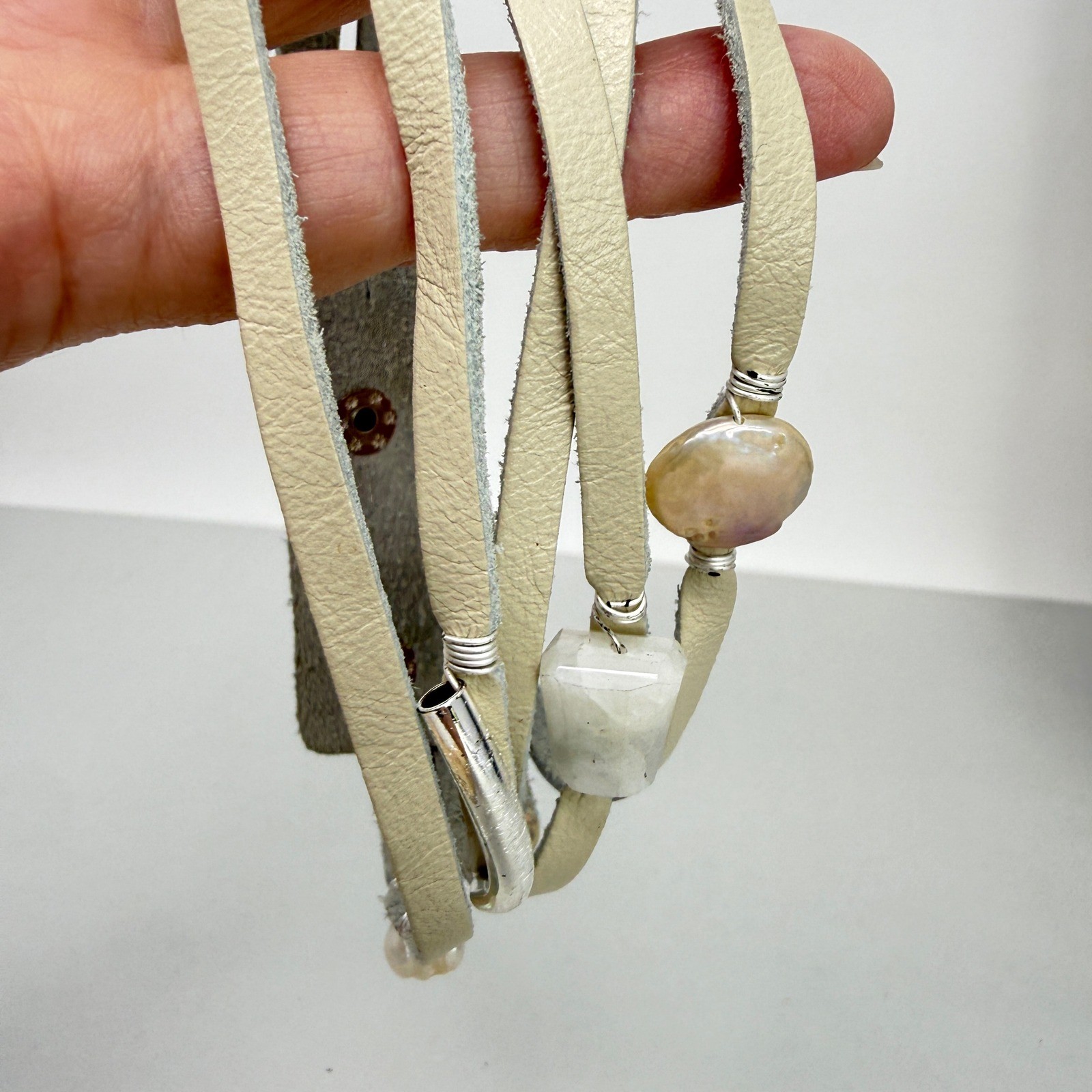 J. Jill Leather Choker Necklace Pearl Stone Silver Tone Cream NEW