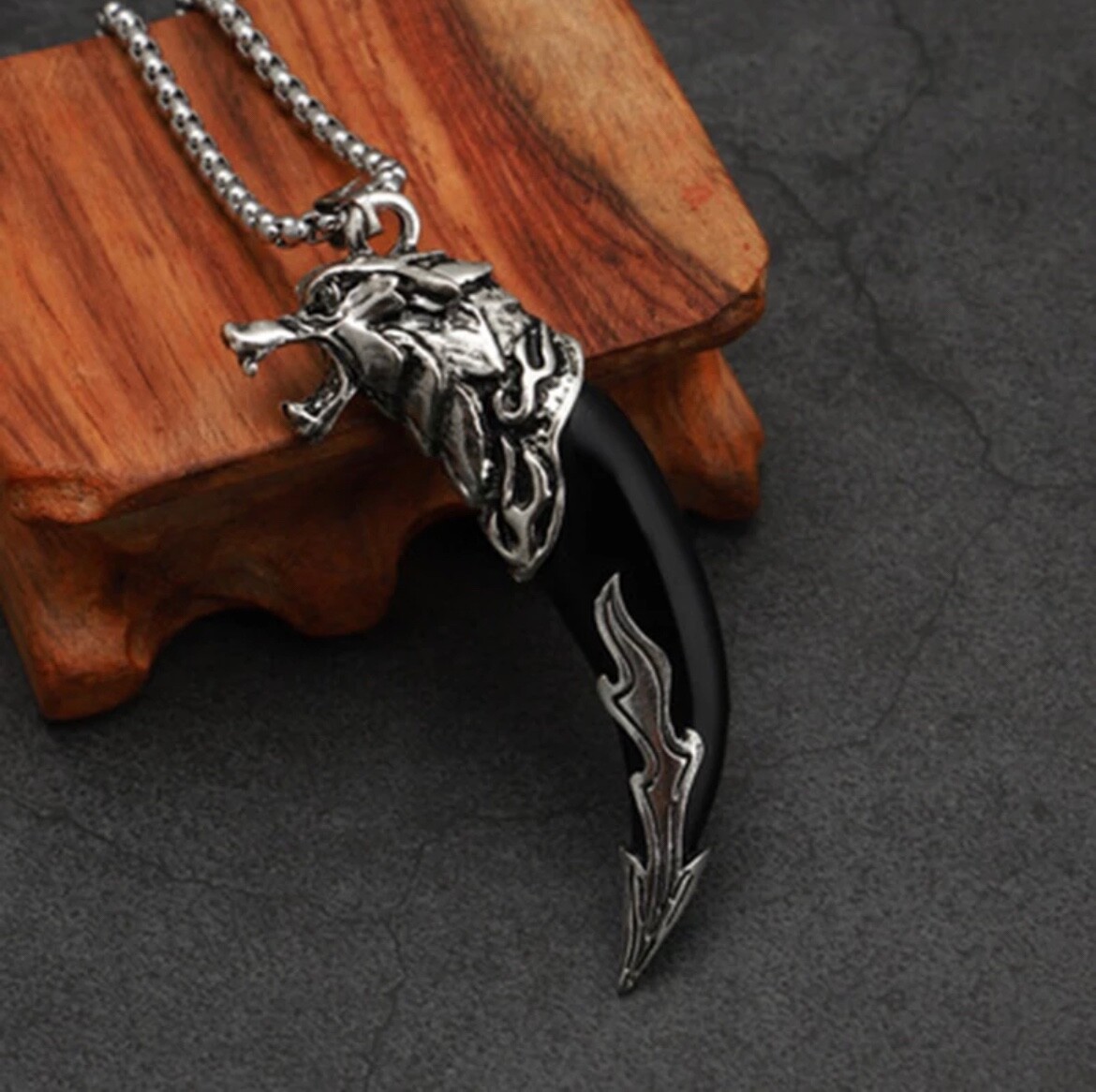 Men’s Fashion Jewelry Silver Viking Wolf Black Ivory Pendant Necklace 1-230