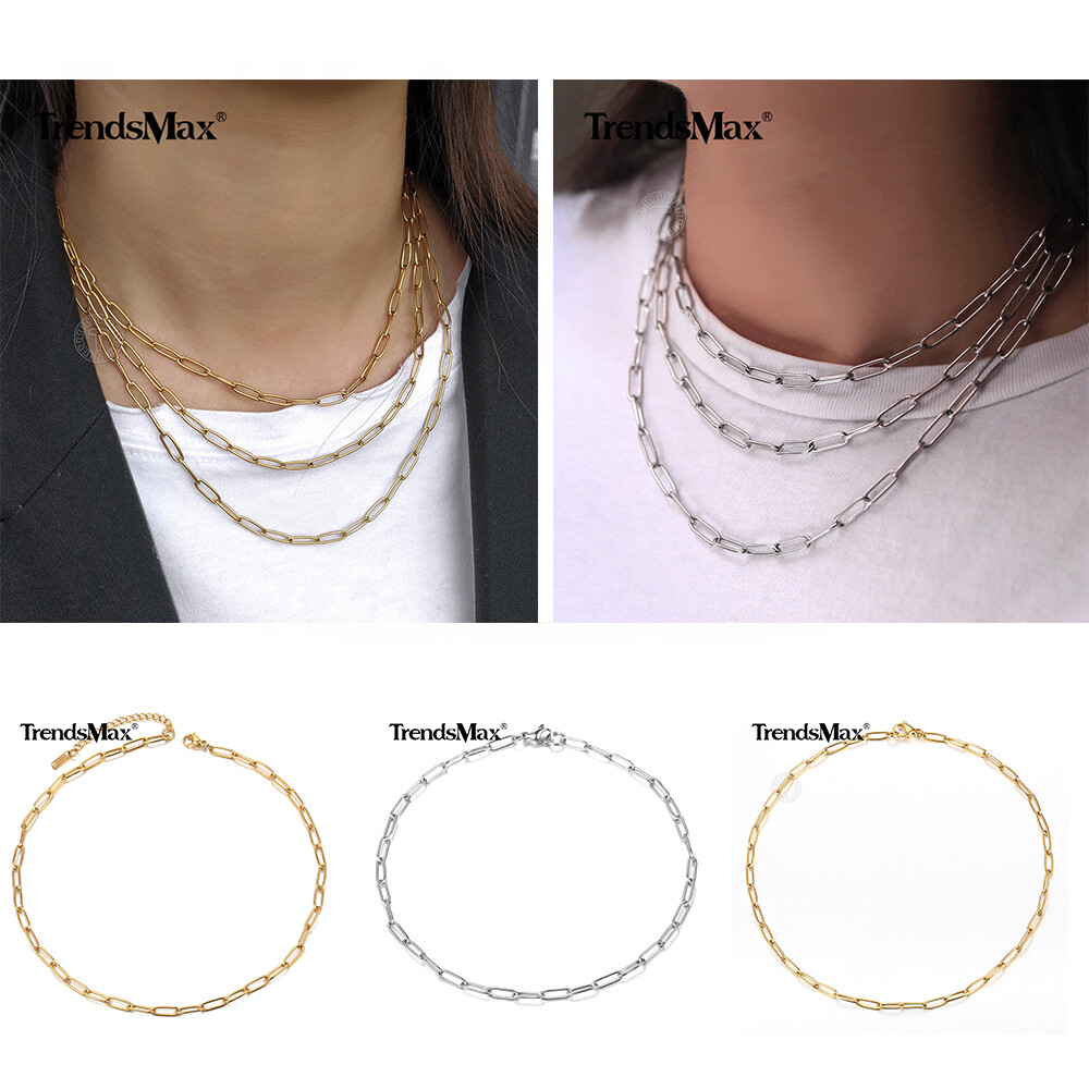 Gold Plated Stainless Steel Paperclip Rolo Box Chain Choker Necklace 16-20″ Xmas