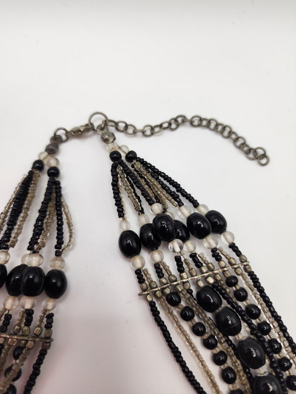 Black Silver Glass Beaded Statement Necklace Multi-Strand Lobster Closure