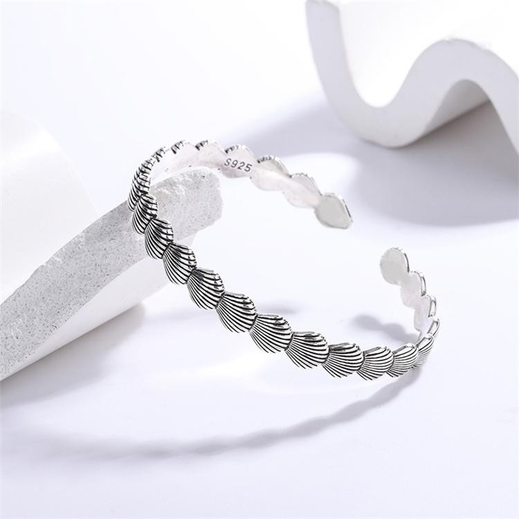 925 Sterling Silver Shell Open Bangle Retro Thai Silver Creative Cuff Bracelet