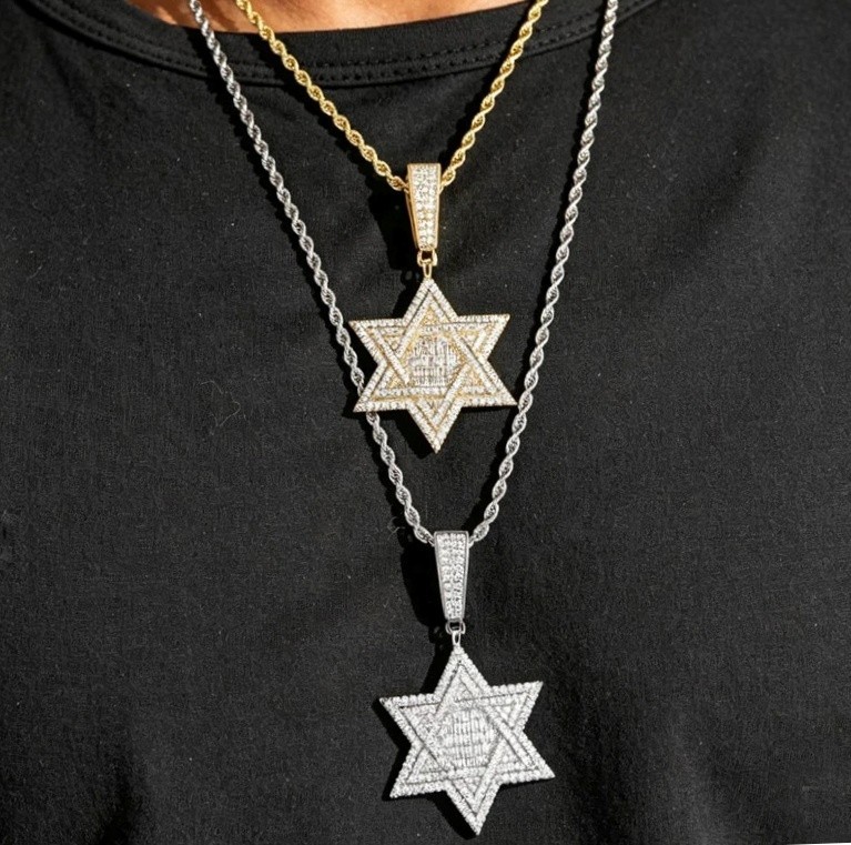 Hip Hop Star of David Pendant Necklace 5A CZ Iced Bling Double Layer Charm Men