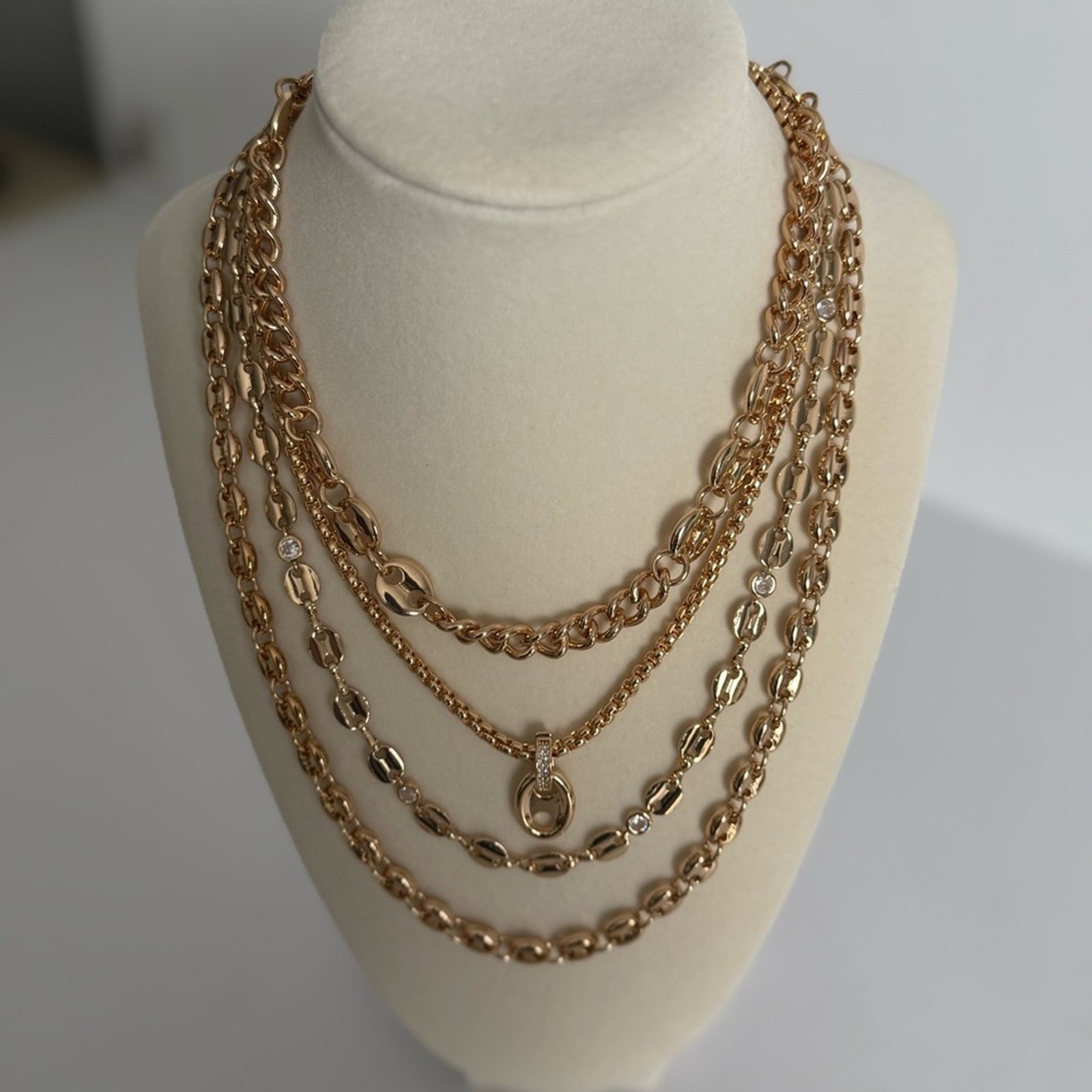 Ettika Gold Layered Chain Necklace Set 4 Strand Statement Chunky Crystal Accent