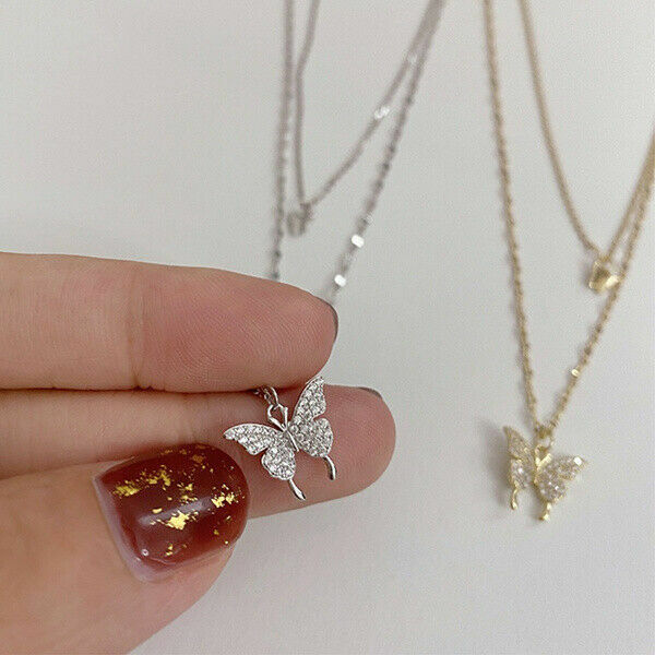 925 Silver Double Layer Butterfly Pendant Clavicle Chain Necklace Womens Jewelry