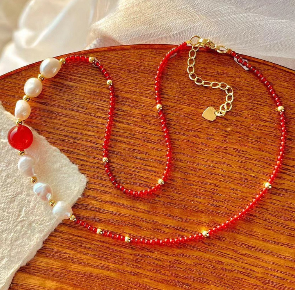 Natural Pretty 4mm Red Jade White Baroque Pearl Gems Round Bead Necklace 16-24in