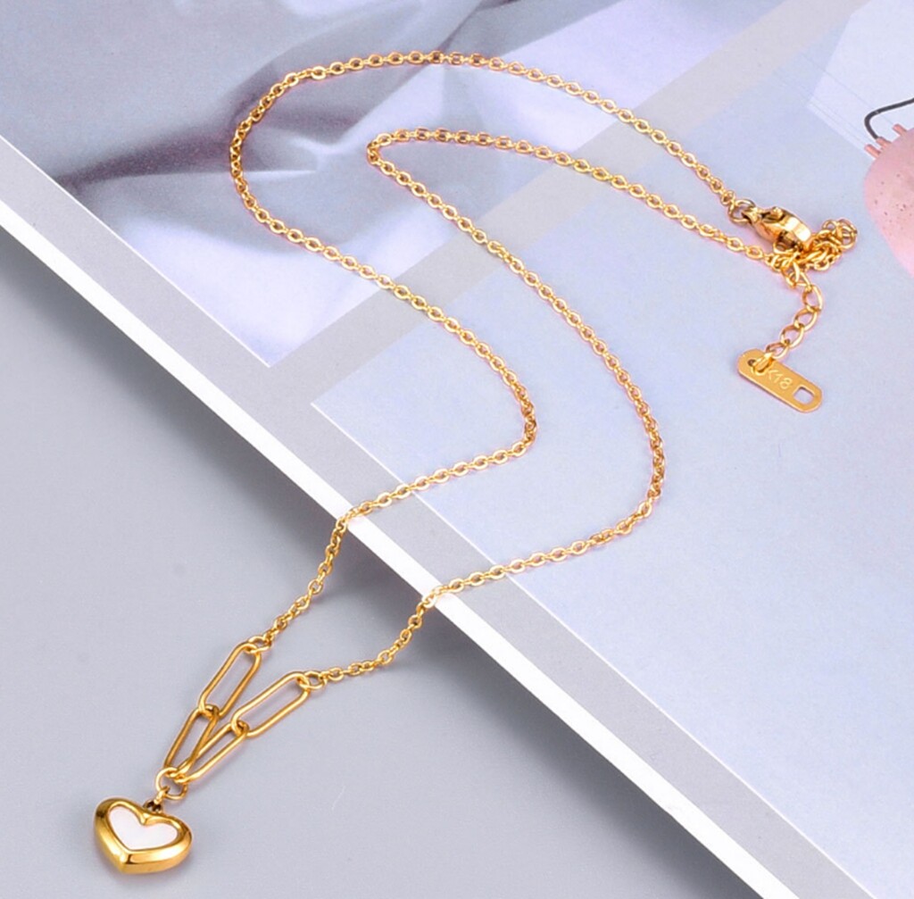 Women Girl Titanium Stainless Steel Seashell Heart Necklace 16-18″ Non Tarnish