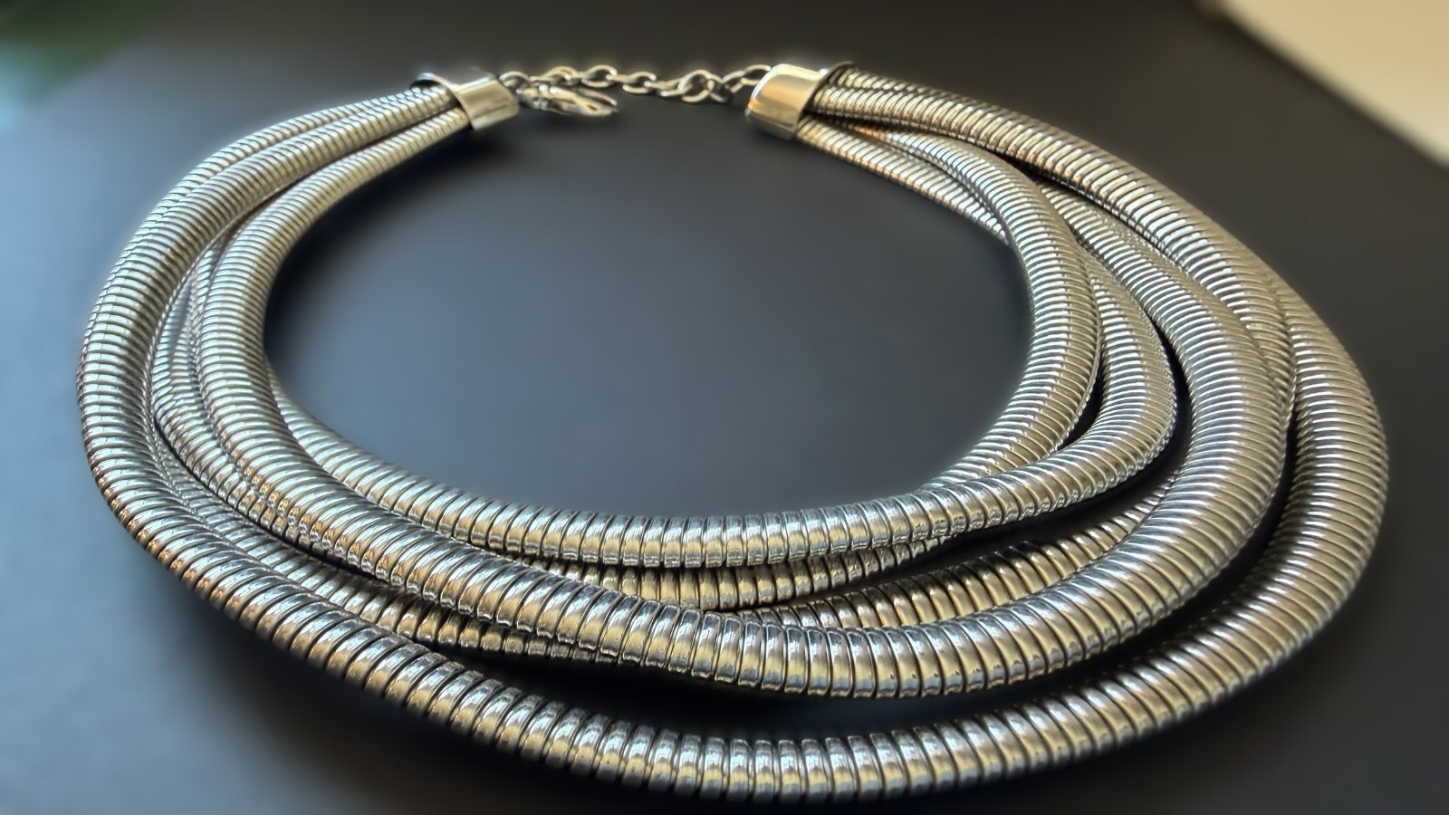 Silver Coil Necklace Choker 5 Strand Statement Collar Lobster Clasp 18″