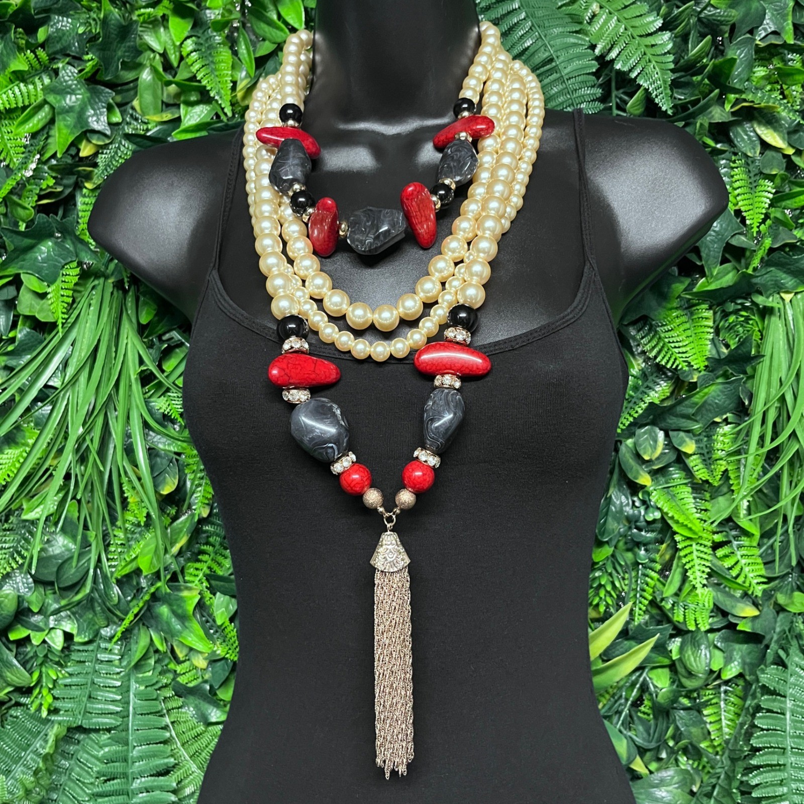 Statement Necklace Multi-Strand Faux Pearl Red Black Resin Gold Tassel 3817