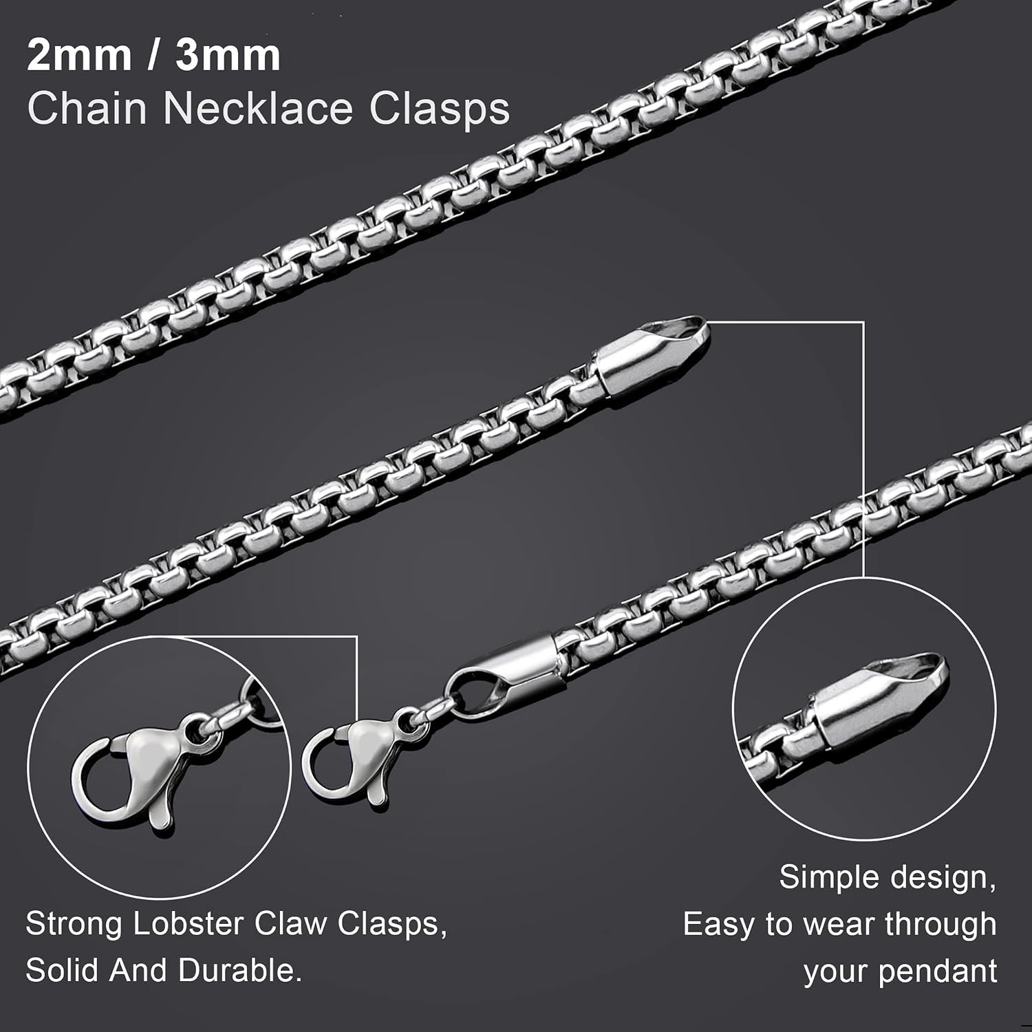 Square Rolo Chain Necklace Stainless Steel Round Box Necklace for Men Women/2mm-