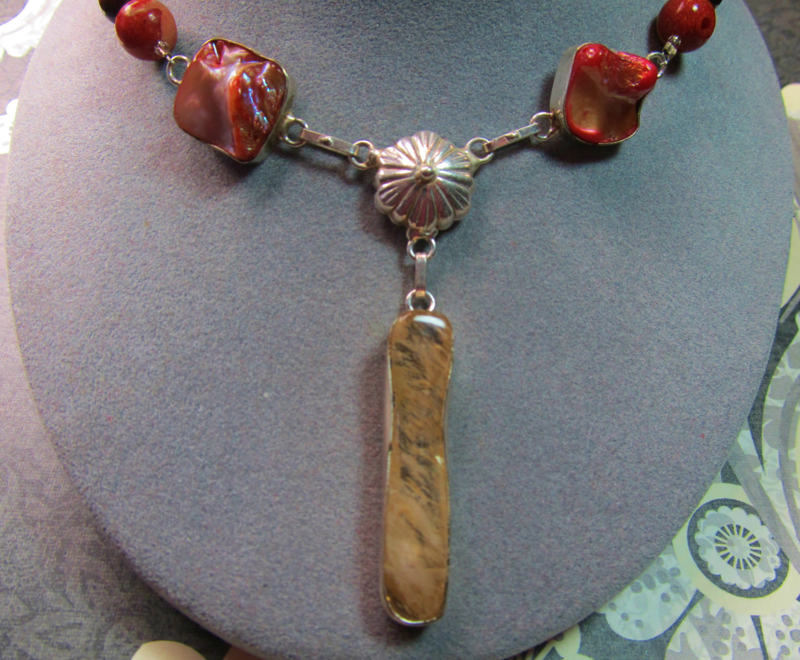 Art Glass Pendant & Genuine RED TIGEREYE’s & Coral Stones 17″ Length Necklace